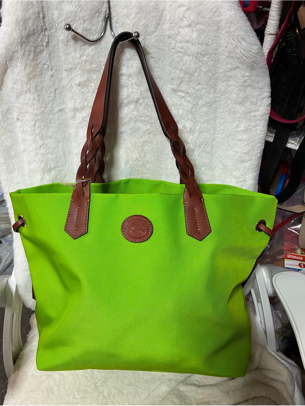 Dooney & Bourke Bright Lime Green Tote with Brown Leather Handles